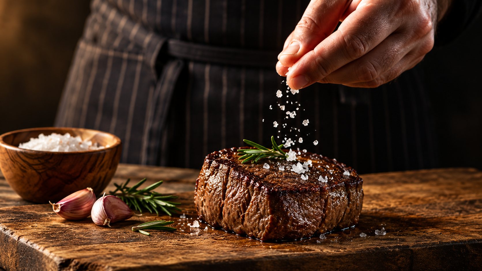 A hand sprinkling sea salt crystals over a seared steak on a wooden board