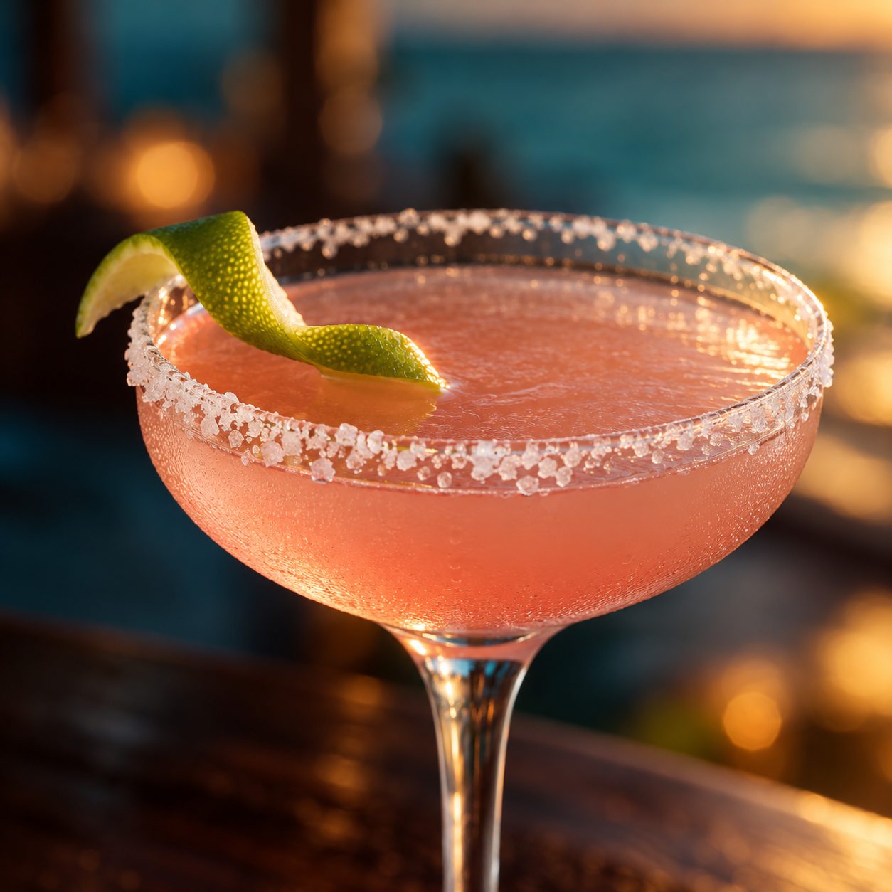 A cocktail with a salted rim at sunset